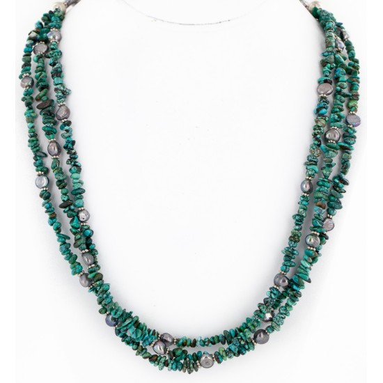 Certified Authentic 3 Strand Navajo .925 Sterling Silver Natural Turquoise and Mother of Pearl Native American Necklace 25267