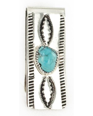Handmade Certified Authentic Navajo Nickel and .925 Sterling Silver Natural Turquoise Native American Money Clip 6 11238-5