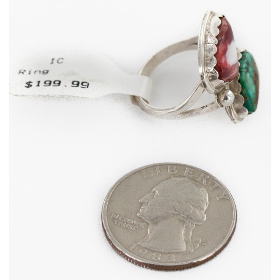 .925 Sterling Silver Handmade Certified Authentic Navajo Natural Turquoise and Spiny Oyster Native American Ring  16982-1