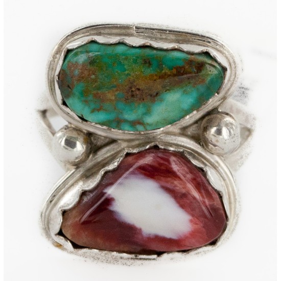 .925 Sterling Silver Handmade Certified Authentic Navajo Natural Turquoise and Spiny Oyster Native American Ring  16982-1