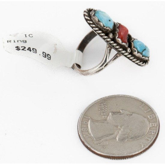 .925 Sterling Silver Handmade Certified Authentic Navajo Natural Turquoise and Coral Native American Ring  16862