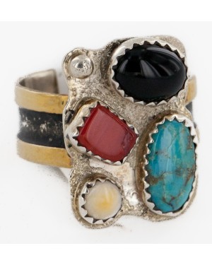 12kt Gold Filled 925 Sterling Silver Handmade Certified Authentic Navajo Natural Multicolor Stones Native American Ring  12690-2