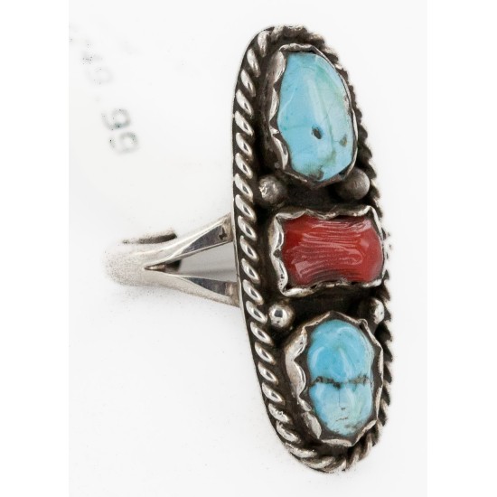 .925 Sterling Silver Handmade Certified Authentic Navajo Natural Turquoise and Coral Native American Ring  16862