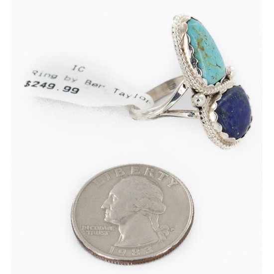 .925 Sterling Silver Handmade Certified Authentic Navajo Natural Turquoise and Lapis Native American Ring  17002-4