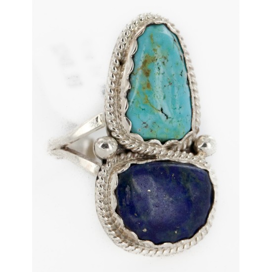 .925 Sterling Silver Handmade Certified Authentic Navajo Natural Turquoise and Lapis Native American Ring  17002-4