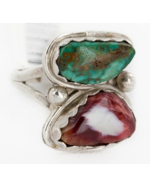 .925 Sterling Silver Handmade Certified Authentic Navajo Natural Turquoise and Spiny Oyster Native American Ring  16982-1