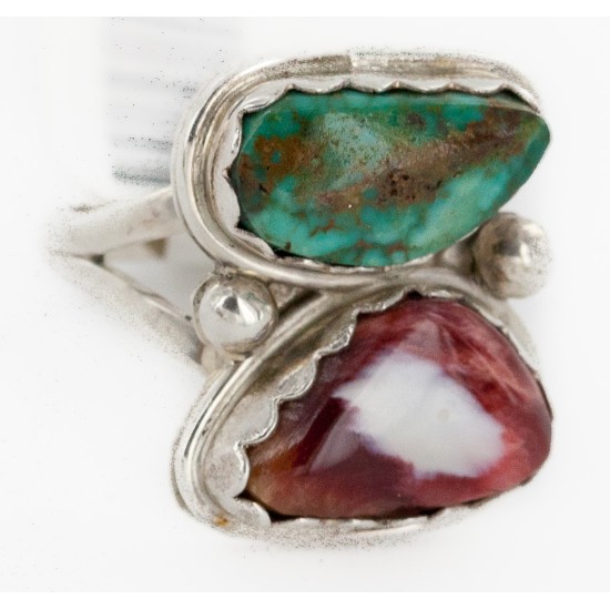 .925 Sterling Silver Handmade Certified Authentic Navajo Natural Turquoise and Spiny Oyster Native American Ring  16982-1