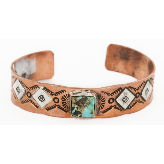 Handmade Certified Authentic Navajo Natural Turquoise Pure .925 Sterling Silver and Copper Native American Bracelet 1286-2