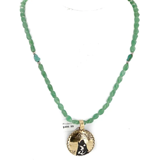 Wolf 12kt Gold Filled and .925 Sterling Silver Handmade Natural Turquoise Jade Native American Necklace 24420-4-10225