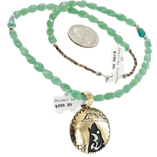 Wolf 12kt Gold Filled and .925 Sterling Silver Handmade Natural Turquoise Jade Native American Necklace 24420-4-10225