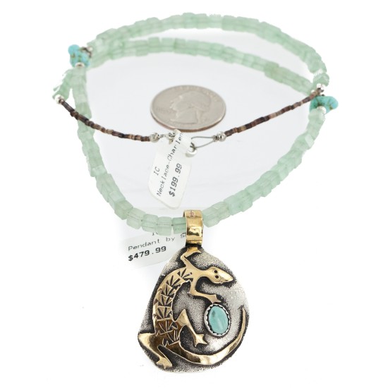 Certified Authentic 12kt Gold Filled and .925 Sterling Silver Handmade Gecko Turquoise Jade Native American Necklace  24422-5-790101