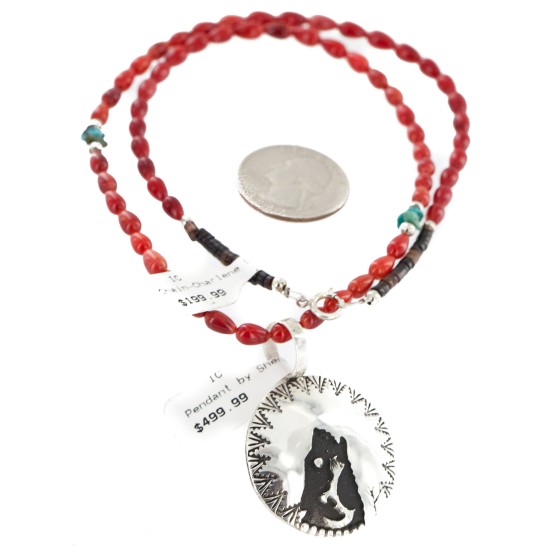 Certified Authentic Wolf .925 Sterling Silver Handmade Natural Turquoise Coral Native American Necklace  24420-2-15771