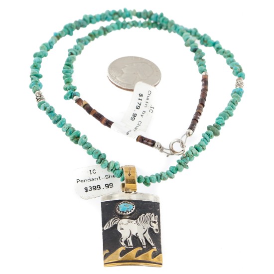 Certified Authentic 12kt Gold Filled and .925 Sterling Silver Horse Wave Handmade Natural Turquoise Native American Necklace 740100-3-102248