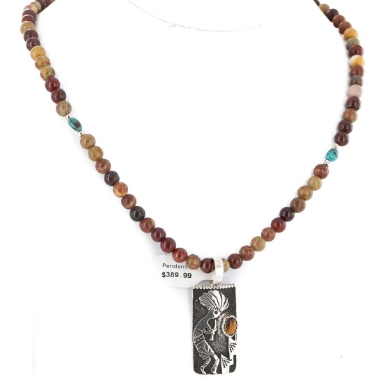 Certified Authentic .925 Sterling Silver Kokopelli Handmade Natural Turquoise Tigers Eye Agate Native American Necklace 24424-2-10217