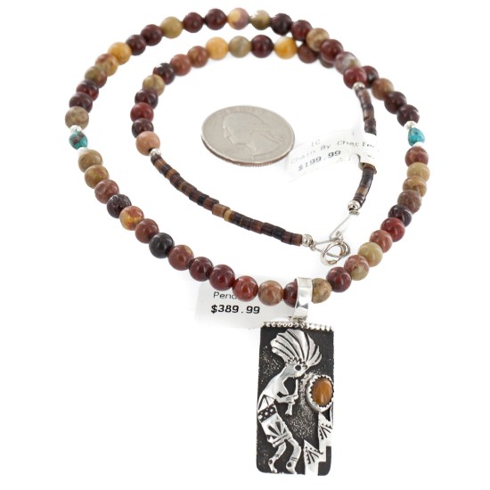 Certified Authentic .925 Sterling Silver Kokopelli Handmade Natural Turquoise Tigers Eye Agate Native American Necklace 24424-2-10217