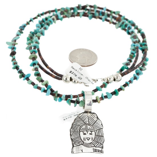 2 Strand Certified Authentic .925 Sterling Silver Kachina Handmade Natural Turquoise Native American Necklace 24422-3-25252-2