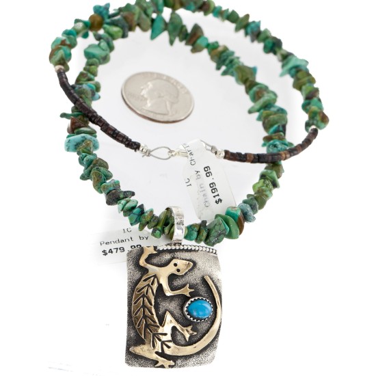 Certified Authentic 12kt Gold Filled and .925 Sterling Silver Handmade Gecko Natural Turquoise Native American Necklace 24422-6-16065-6