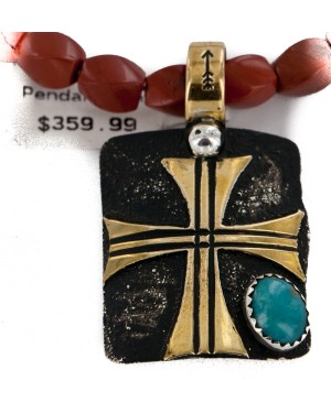 Certified Authentic 12kt Gold Filled and .925 Sterling Silver Handmade Cross Turquoise Red Jasper Native American Necklace 24300-16047-5