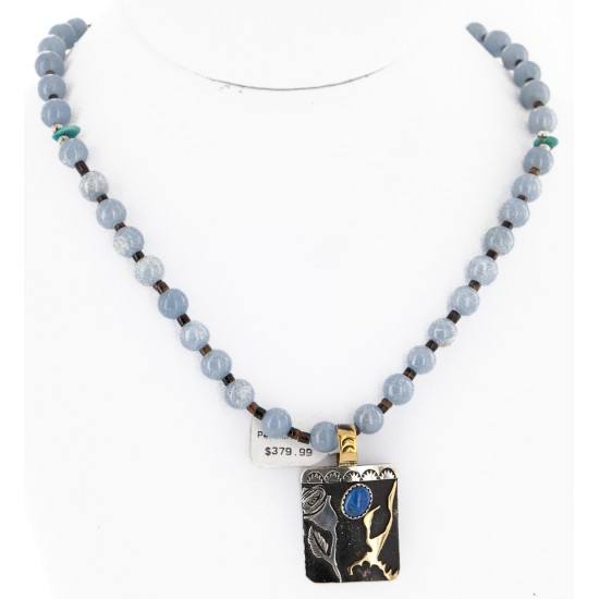 Certified Authentic 12kt Gold Filled and .925 Sterling Silver Handmade Flower Natural Turquoise Lapis Agate Native American Necklace 24301-16033