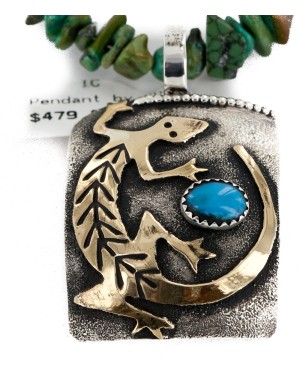 Certified Authentic 12kt Gold Filled and .925 Sterling Silver Handmade Gecko Natural Turquoise Native American Necklace 24422-6-16065-6