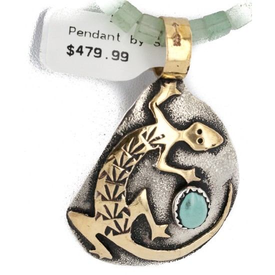 Certified Authentic 12kt Gold Filled and .925 Sterling Silver Handmade Gecko Turquoise Jade Native American Necklace  24422-5-790101