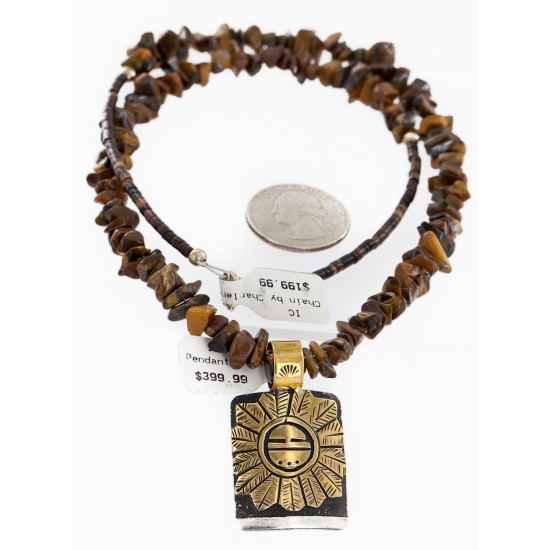 Certified Authentic 12kt Gold Filled and .925 Sterling Silver Handmade Sunface Kachina Natural Tigers Eye Native American Necklace 24302-16034-1