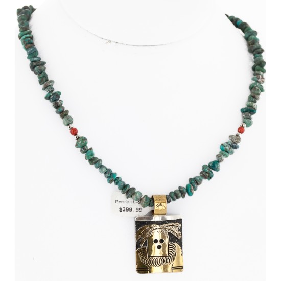 Certified Authentic 12kt Gold Filled and .925 Sterling Silver Kachina Handmade Natural Turquoise Coral Native American Necklace 24302-15771-22