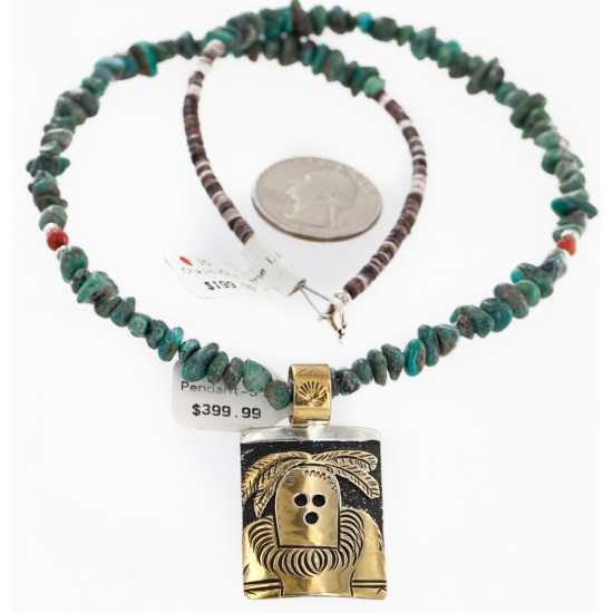 Certified Authentic 12kt Gold Filled and .925 Sterling Silver Kachina Handmade Natural Turquoise Coral Native American Necklace 24302-15771-22