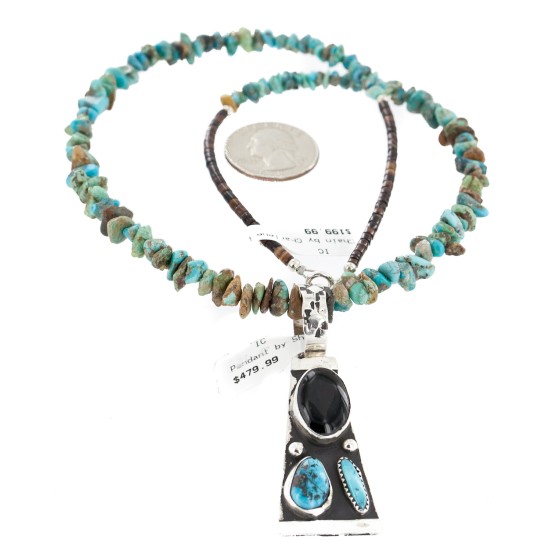 Certified Authentic .925 Sterling Silver Handmade Natural Turquoise Black Onyx Native American Necklace 24422-4-16070