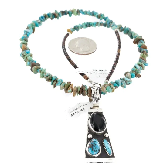 .925 Sterling Silver Handmade Natural Turquoise Black Onyx Native American Necklace 24422-4-16070