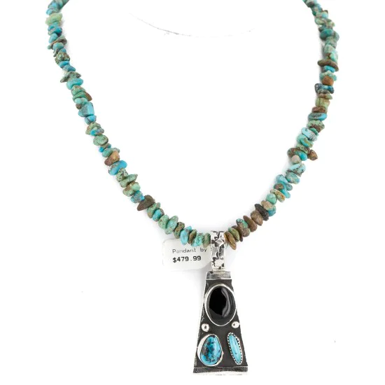 .925 Sterling Silver Handmade Natural Turquoise Black Onyx Native American Necklace 24422-4-16070