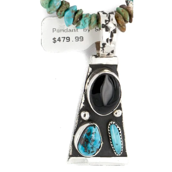 .925 Sterling Silver Handmade Natural Turquoise Black Onyx Native American Necklace 24422-4-16070