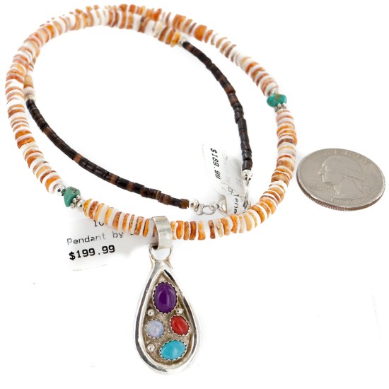 Certified Authentic .925 Sterling Silver Handmade Natural Turquoise Multicolor Stones Spiny Oyster Native American Necklace 24401-25277