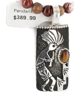 Certified Authentic .925 Sterling Silver Kokopelli Handmade Natural Turquoise Tigers Eye Agate Native American Necklace 24424-2-10217