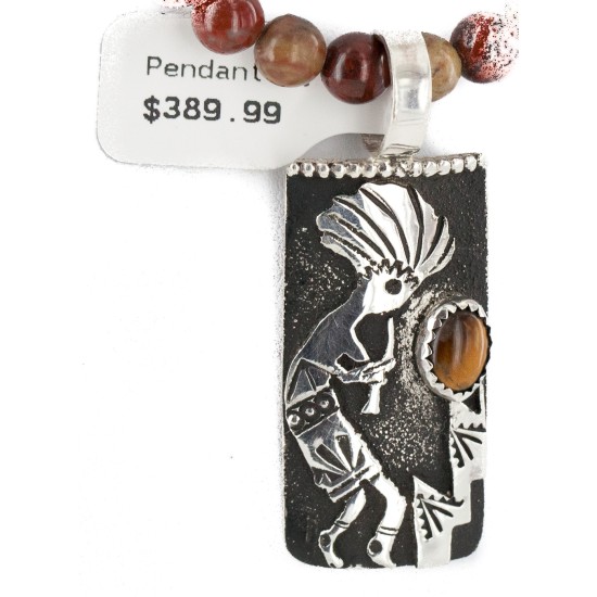 Certified Authentic .925 Sterling Silver Kokopelli Handmade Natural Turquoise Tigers Eye Agate Native American Necklace 24424-2-10217