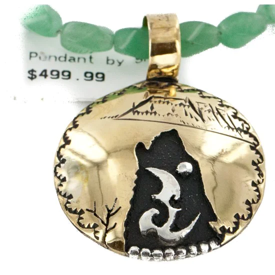 Wolf 12kt Gold Filled and .925 Sterling Silver Handmade Natural Turquoise Jade Native American Necklace 24420-4-10225
