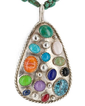 Large Certified Authentic .925 Sterling Silver Handmade Natural Turquoise Coral and Multicolor Stones Native American Necklace 24400-15771
