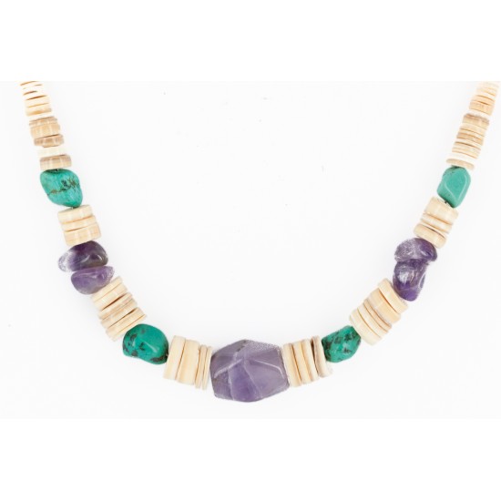 Certified Authentic Navajo .925 Sterling Silver Natural Graduated Melon Shell Turquoise Amethyst Native American Necklace 16078