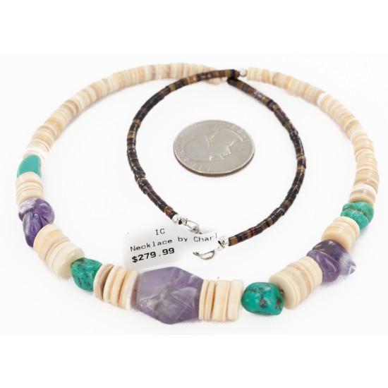 Certified Authentic Navajo .925 Sterling Silver Natural Graduated Melon Shell Turquoise Amethyst Native American Necklace 16078