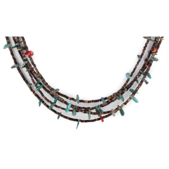 Certified Authentic 5 Strand Navajo .925 Sterling Silver Turquoise and Coral Native American Necklace 16082