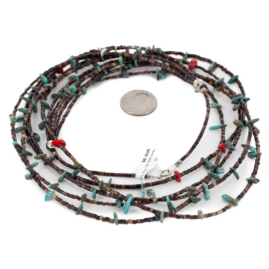 Certified Authentic 5 Strand Navajo .925 Sterling Silver Turquoise and Coral Native American Necklace 16082