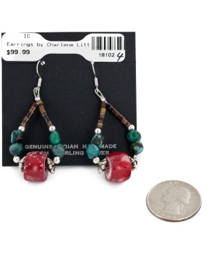 Certified Authentic Navajo .925 Sterling Silver Hooks Natural Turquoise CORAL Native American Earrings  18102-4