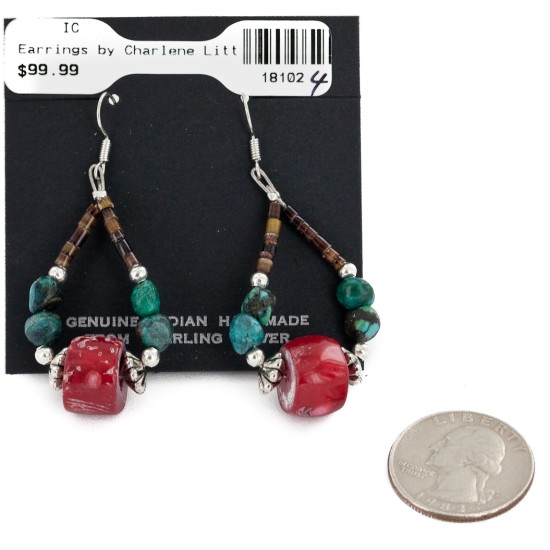 Certified Authentic Navajo .925 Sterling Silver Hooks Natural Turquoise CORAL Native American Earrings  18102-4