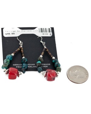 Certified Authentic Navajo .925 Sterling Silver Hooks Natural Turquoise CORAL Native American Earrings  18102-2