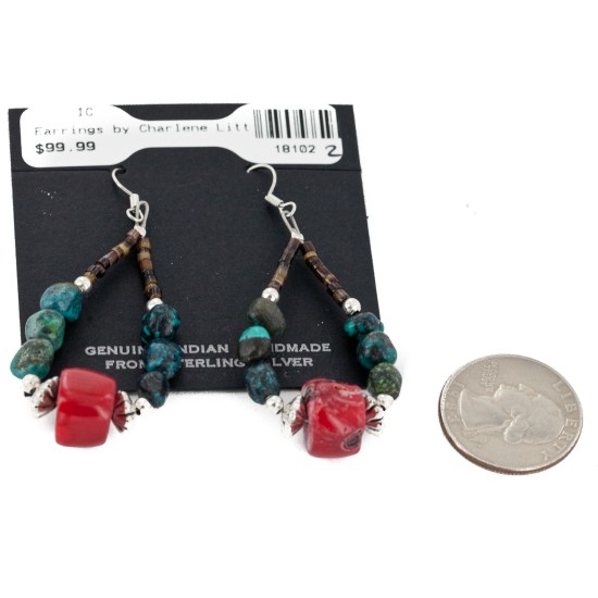 Certified Authentic Navajo .925 Sterling Silver Hooks Natural Turquoise CORAL Native American Earrings  18102-2