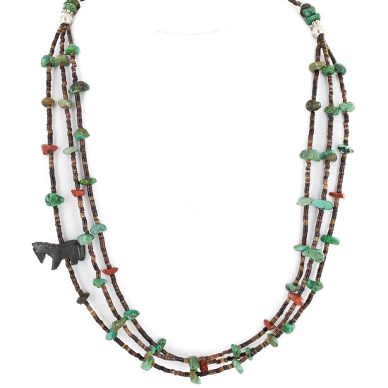 Certified Authentic 3 Strand Horse Navajo .925 Sterling Silver Natural Turquoise Jasper Jet Native American Necklace 1531