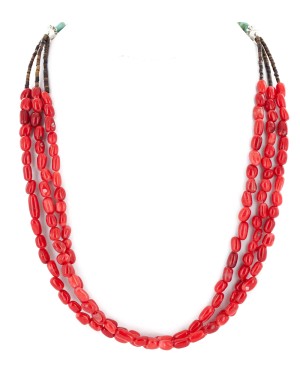 Certified Authentic 3 Strand Navajo .925 Sterling Silver Natural Turquoise and Coral Native American Necklace 16081-1