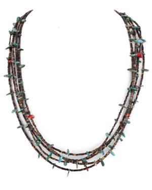 Certified Authentic 5 Strand Navajo .925 Sterling Silver Turquoise and Coral Native American Necklace 16082