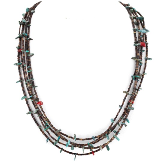 Certified Authentic 5 Strand Navajo .925 Sterling Silver Turquoise and Coral Native American Necklace 16082
