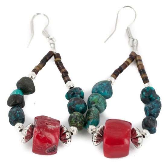 Certified Authentic Navajo .925 Sterling Silver Hooks Natural Turquoise CORAL Native American Earrings  18102-2